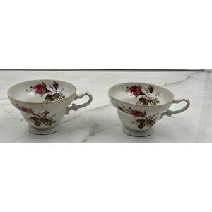 Vintage Porcelain Tea Cups Red Rose Blooms, Scalloped, Gilding Set of 2
